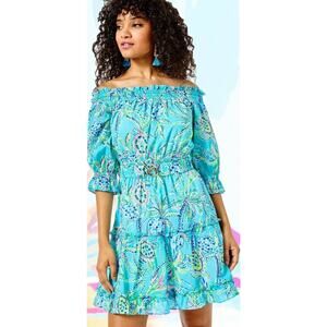 Lilly Pulitzer Louisa Dress Bermuda‎ Blue Belted Off Shoulder Sz XS Women's